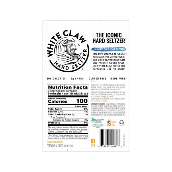 White Claw Mango Hard Seltzer - 6pk/12 fl oz Slim Cans