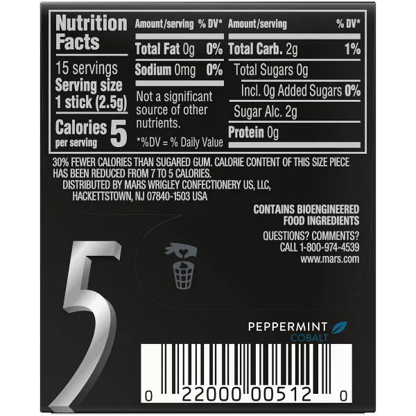 5 Gum Peppermint Cobalt Sugar-Free Gum - 15ct