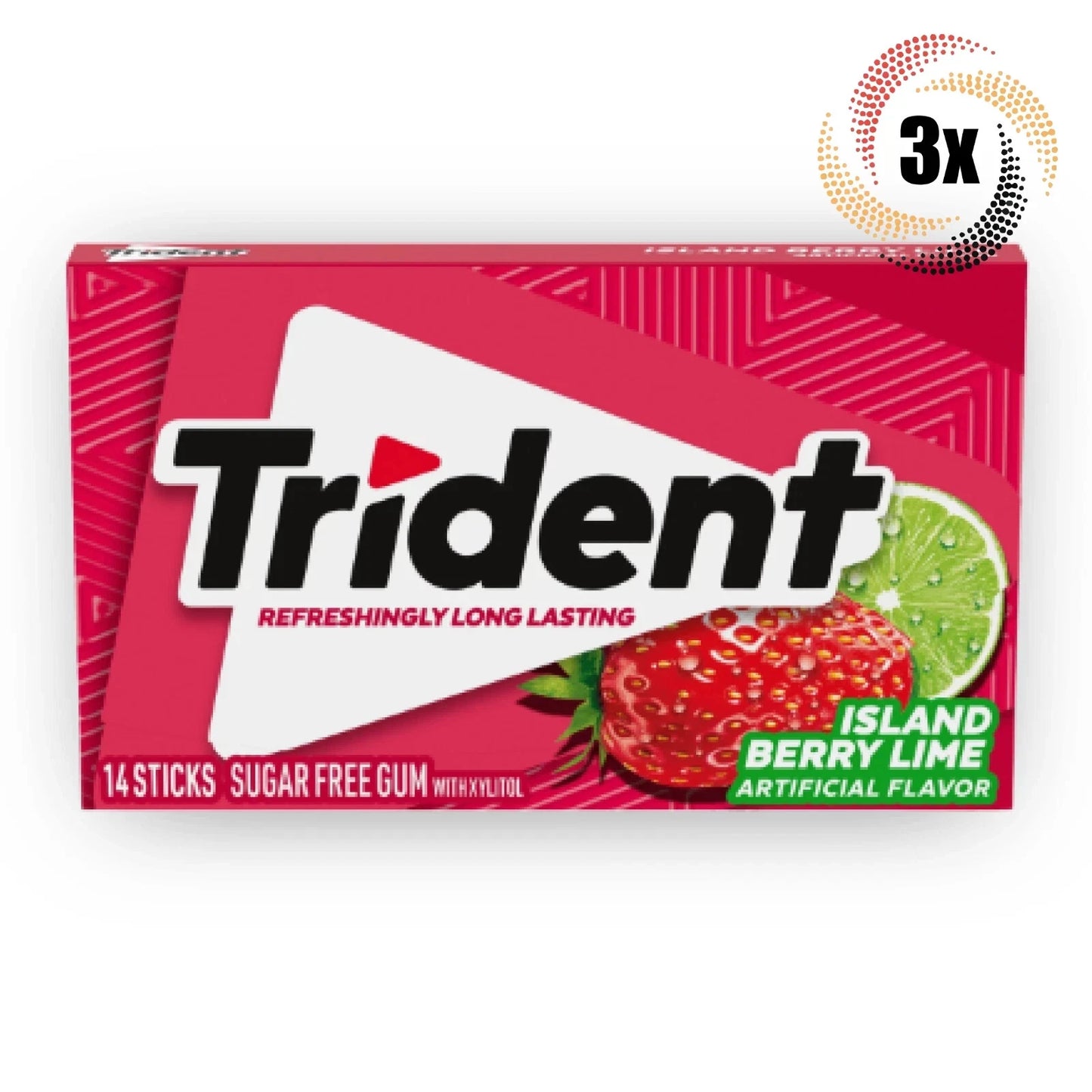 3x Packs Trident Island Berry Lime Flavor Sugar Free Gum, 14 Sticks Per Pack