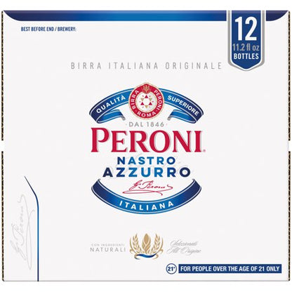 Peroni Nastro Azzurro Beer, Import, International Pale lager, 12 Pack Beer, 11.2 fl. oz. Bottles, 5.1% ABV