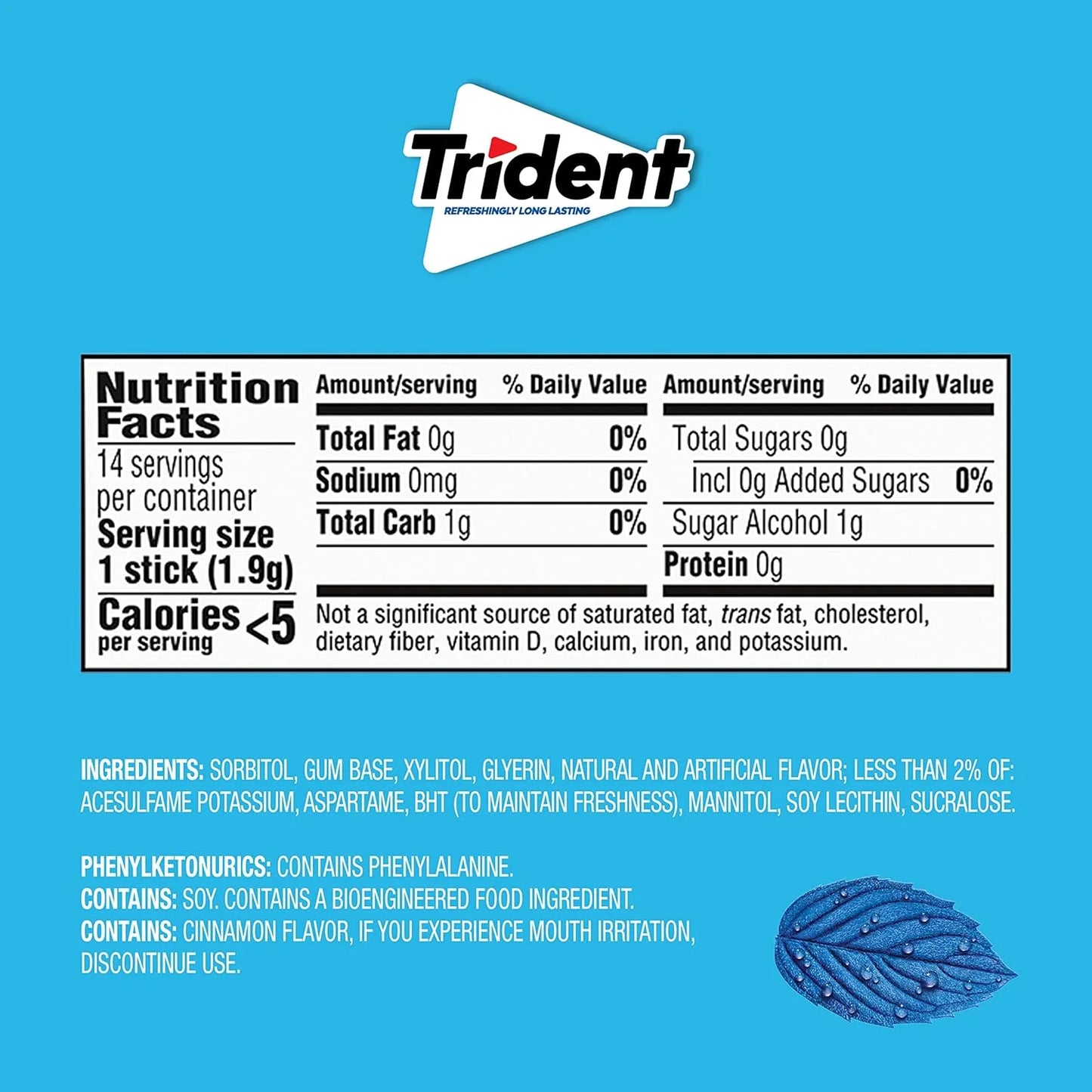 Trident Original Sugar Free Gum, Regular Size, 14 Pieces