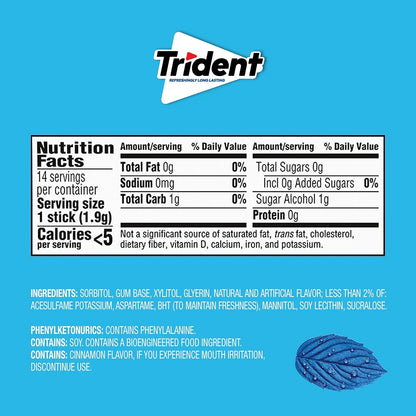 Trident Original Sugar Free Gum, Regular Size, 14 Pieces