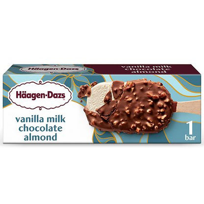 VANILLA MILK CHOCOLATE ALMOND ICE CREAM DIPPED IN RICH MILK CHOCOLATE AND ALMONDS ICE CREAM BARS, VANILLA MILK CHOCOLATE ALMOND