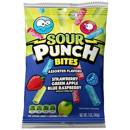 SOUR PUNCH, BITES, ASSORTED FLAVORS CANDY, STRAWBERRY BLUE RASPBERRY GREEN APPLE