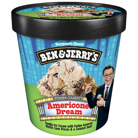 AMERICONE DREAM VANILLA ICE CREAM WITH FUDGE-COVERED WAFFLE CONE PIECES & A CARAMEL SWIRL, AMERICONE DREAM