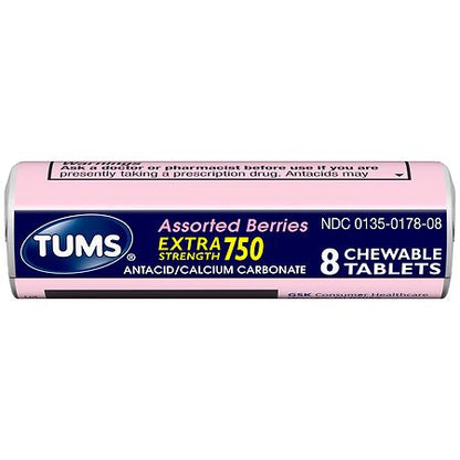 TUMS Extra Strength Assorted Berries Antacid Chewable Tablets for Heartburn Relief  8 count