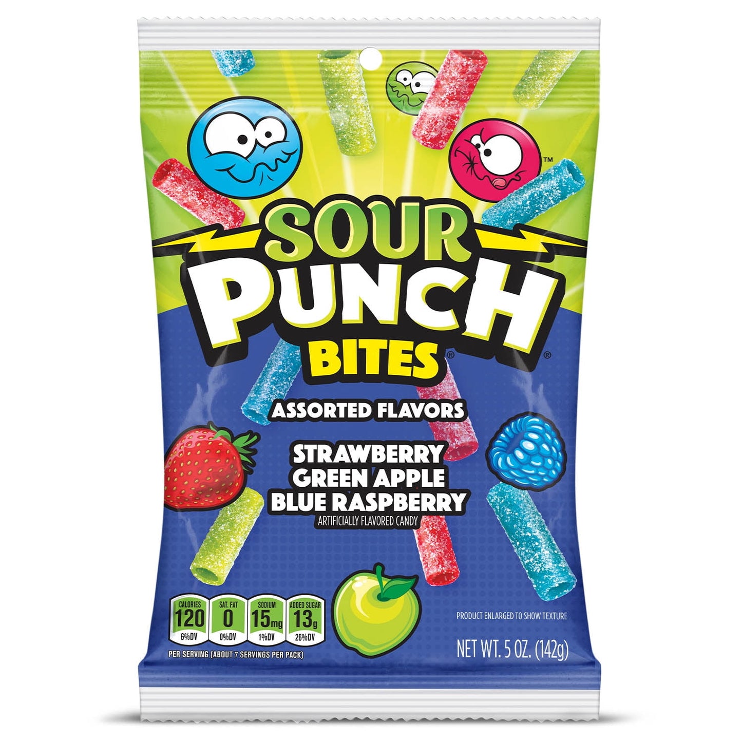 SOUR PUNCH, BITES, ASSORTED FLAVORS CANDY, STRAWBERRY BLUE RASPBERRY GREEN APPLE