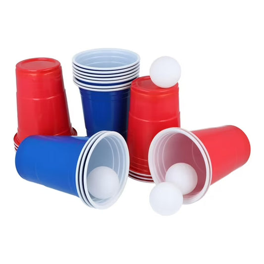 Beer Pong Game Set 24-Piece | 16oz Blue and Red Durable Plastic Cups with Ping Pong Balls | Classic Party Drinking Game for Adults | Bar Backyard Events | Includes 12 Cups 12 Balls | 13cm Tall Cups