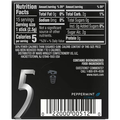 5 Gum Peppermint Cobalt Sugar-Free Gum - 15ct