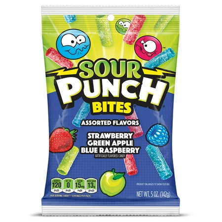 SOUR PUNCH, BITES, ASSORTED FLAVORS CANDY, STRAWBERRY BLUE RASPBERRY GREEN APPLE