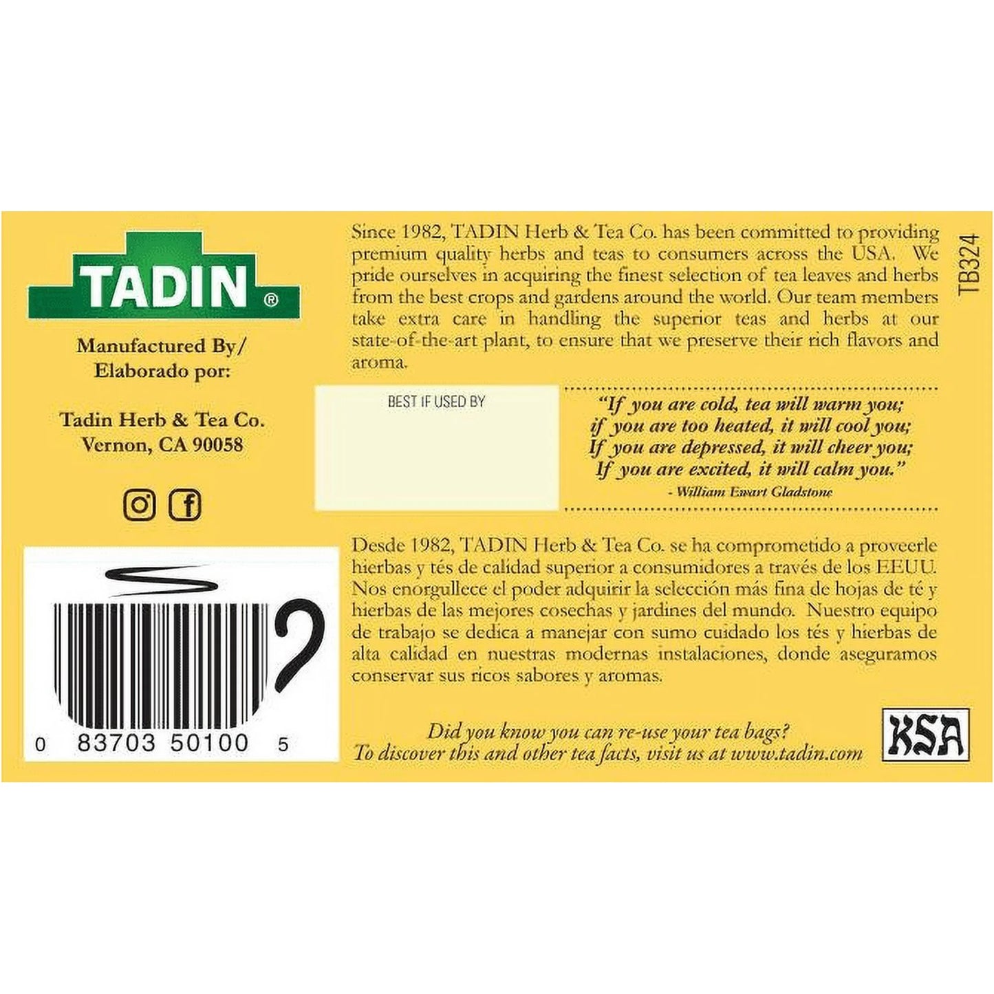 Tadin Chamomile Tea, Herbal Tea, Caffeine-Free Tea, Herbal Tea Bags, 24 Count, Pack of 1