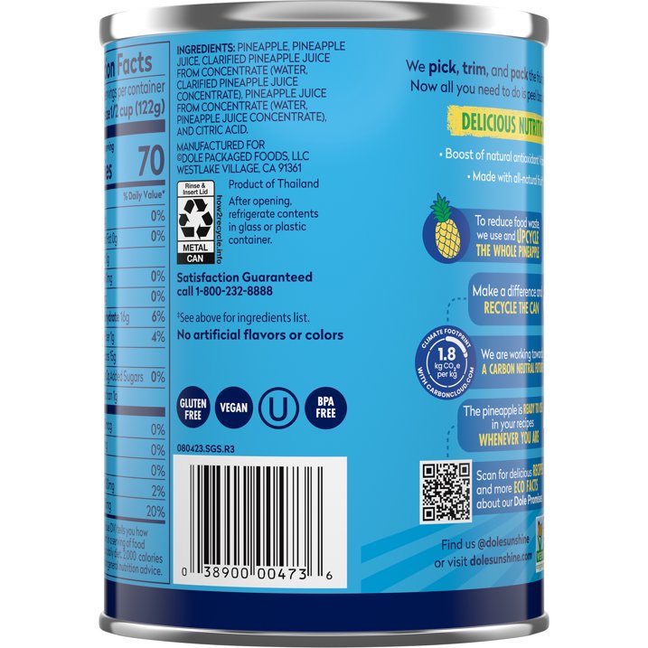 Dole Pineapple Chunks in 100% Pineapple Juice, 20 oz Can