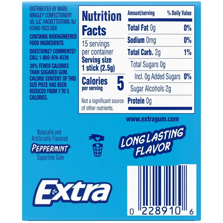 Extra Gum Peppermint Sugar Free Chewing Gum, Single Pack - 15 Stick