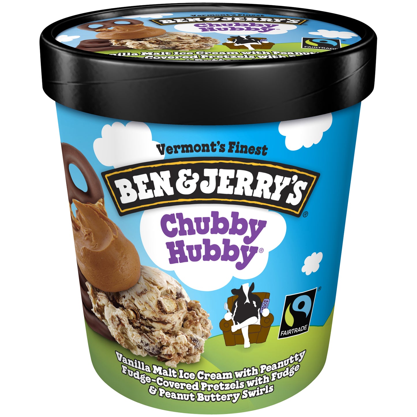VANILLA MALT ICE CREAM WITH PEANUTTY FUDGE-COVERED PRETZELS WITH FUDGE & PEANUT BUTTERY SWIRLS, CHUBBY HUBBY